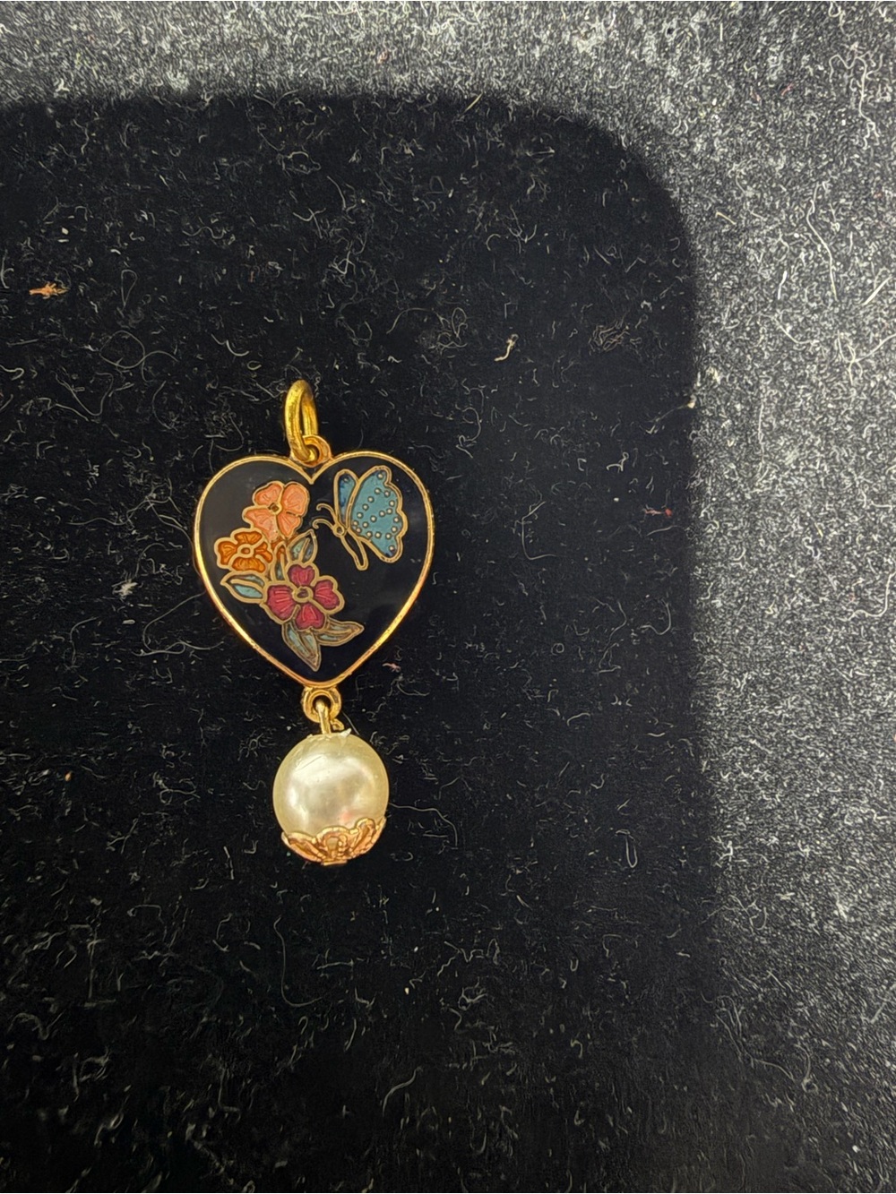 Vintage Gold Tone Black Cloisonné Enamel Heart Butterfly Faux Pearl Drop Pendant